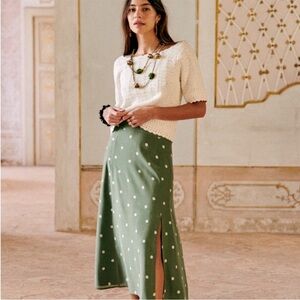 Sezane Tabata Skirt - green and ecru polka dots.